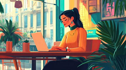 Poster - Woman Working on Laptop in a Cafe with a View of a City