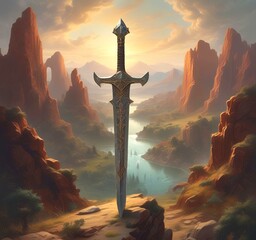 Illustration of ancient sword with landscape behind.