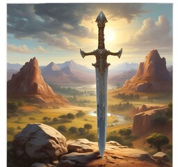 Illustration of ancient sword with landscape behind.