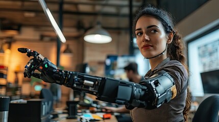 Poster - Young Woman With Prosthetic Arm Reaching Out in Office Setting
