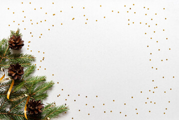 Wall Mural - happy new year frame. christmas card banner with christmas tree branches, pine cones and golden deco