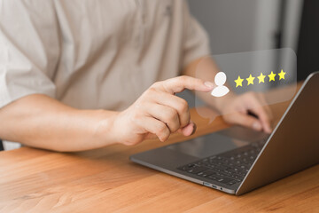 Poster - Male member select a five-star rating bubble. Business concept of represents customer feedback, online reviews, and user satisfaction in a digital interface.