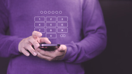 Poster - Person holds a smartphone with a digital keypad overlay, entering a passcode for security access. This image represents digital security, PIN entry, and data protection on mobile devices.
