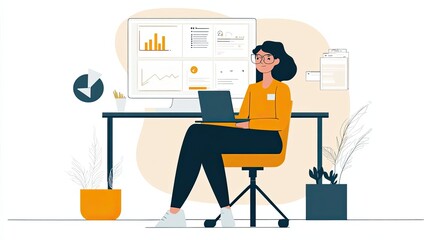 Poster - Woman Working on a Laptop at a Desk with Graphs and Charts on a Computer Monitor