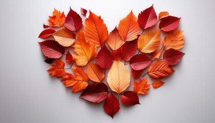 Aufkleber - Heart Shaped Composition of Autumn Leaves in Shades of Red, Orange, and Yellow on White Background, Perfect for Fall Themed Decor, Seasonal Greeting Cards, or Thanksgiving Celebration Designs