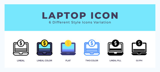 Aufkleber - Laptop icon symbol set. outline. glyph black. flat color and filled line color.
