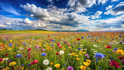 a panoramic view of a vast open meadow filled with an array of colorful wildflowers stretching towar