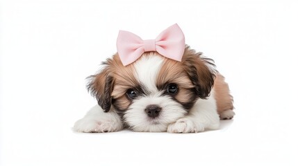 Wall Mural - A cute puppy with a pink bow, resting on a white surface, exuding charm and playfulness.