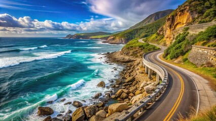 A scenic coastal road winding its way along a rocky shoreline with waves crashing against the sea, rocky, scenic, coastline, natural