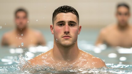 A focused swimmer emerges from the water, showcasing determination and strength, with two other swimmers blurred in the background.