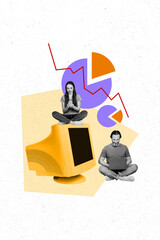 Aufkleber - Trend artwork sketch image photo collage of miniature young lady man colleague office manager sit huge computer monitor work laptop trader