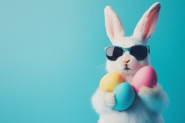 A cool bunny wearing sunglasses holds pastel Easter eggs against a vibrant teal background celebrating the joyful spring holiday