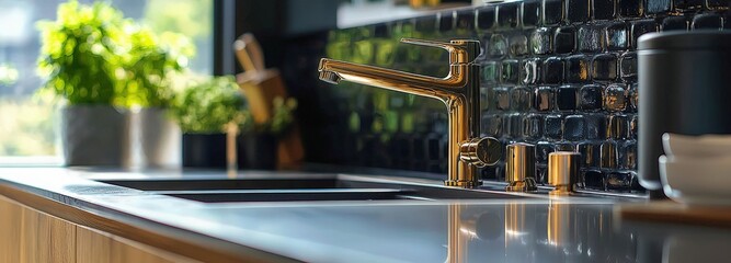 Modern kitchen with a sleek gold faucet and stylish backsplash in bright sunlight