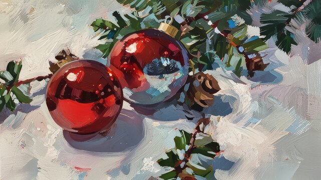 Christmas and new year holidays concept. Red balls on fir branches, winter snowy backdrop. festive winter season background. template for design. banner, copy space