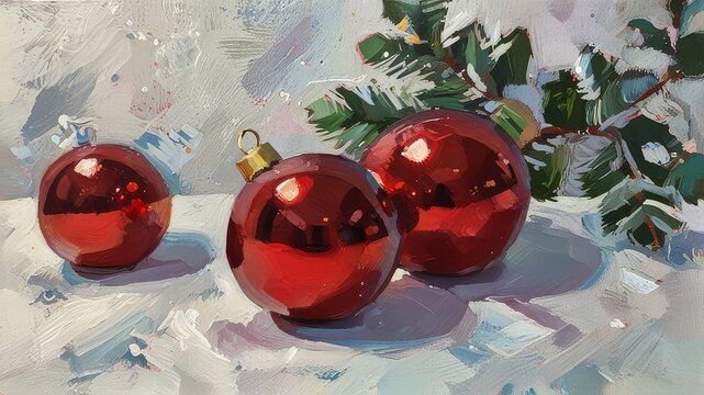 Christmas and new year holidays concept. Red balls on fir branches, winter snowy backdrop. festive winter season background. template for design. banner, copy space