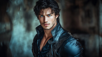 handsome young muscular man with wavy black hair and blue eyes wearing black leather fantasy outfit.