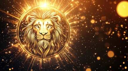 The zodiac symbol for Leo, detailed in golden hues, set on an abstract background with fiery textures and bright rays of light.