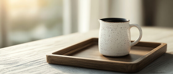 A stylish ceramic pitcher rests on a wooden tray, showcasing modern design against a soft, elegant background in natural light.