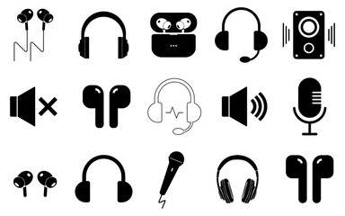 Poster - headphone earphone microphone music mic recording loud silent icon set vector sign symbol buttons flat design