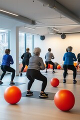 Diverse group practicing fitness exercises using stability balls in a modern gym setting, emphasizing health and community.