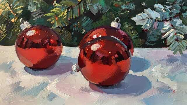 Christmas and new year holidays concept. Red balls on fir branches, winter snowy backdrop. festive winter season background. template for design. banner, copy space