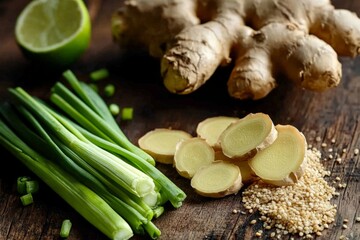 Wall Mural - Fresh ingredients on a wooden table. Ginger root, green onions, and lime create a vibrant display. Ideal for healthy cooking and culinary inspiration. Generative AI