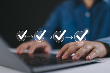 Poster - Checklist Steps, Rating Selection for QA Quality Assurance improvement. Standardization, certification. Online survey questionnaire with progress bar for compliance with regulations service standards.