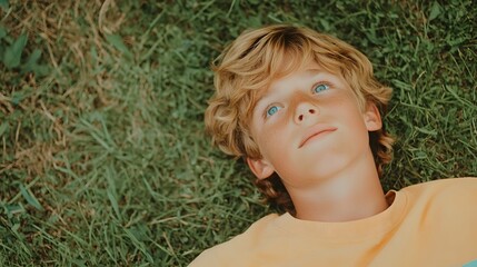 boy with sandy blonde hair and blue eyes laying in the grass looking up at the sky, Generative AI 