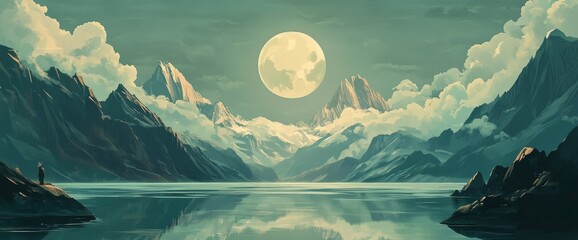 Wall Mural - a illustration of mountains and clouds, with the moon shining brightly in the sky, casting its glow 