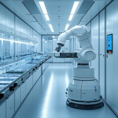Poster - Exploring the future of automation in an advanced robotics laboratory with a clean white environment focused on precision and innovation