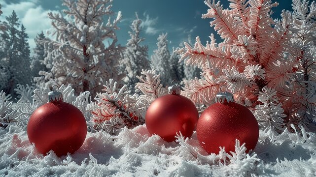 Christmas and new year holidays concept. Red balls on fir branches, winter snowy backdrop. festive winter season background. template for design. banner, copy space