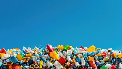 Wall Mural - Lots of plastic bottles on the bank of a river or sea with blue skies. Concept of protecting the environment from man-made garbage