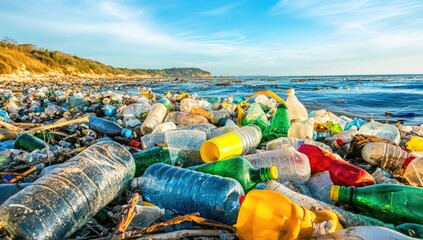 Wall Mural - Lots of plastic bottles on the bank of a river or sea with blue skies. Concept of protecting the environment from man-made garbage