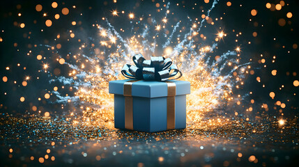 Wall Mural - gift box with sparkling fireworks, present, blue, gold, bow, ribbon