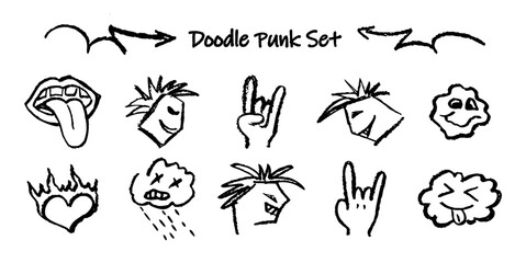 Wall Mural - set of doodle punk head, goat gesture, cloud. collection of vector black charcoal outline faces hand