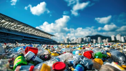 Wall Mural - Lots of plastic bottles on the bank of a river or sea with blue skies. Concept of protecting the environment from man-made garbage