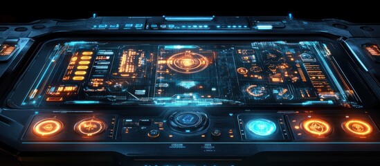 Futuristic interface with glowing blue and orange buttons, digital data, and a holographic display.