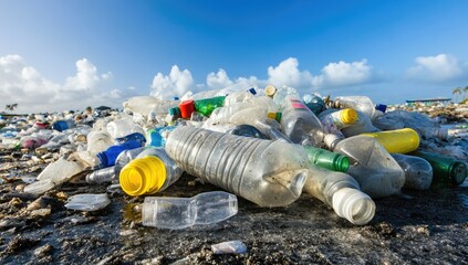 Wall Mural - Lots of plastic bottles on the bank of a river or sea with blue skies. Concept of protecting the environment from man-made garbage