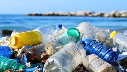 Wall Mural - lots of plastic bottles on the bank of a river or sea with blue skies. concept of protecting the env