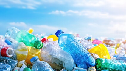 Wall Mural - lots of plastic bottles on the bank of a river or sea with blue skies. concept of protecting the env