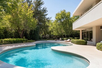 Sticker - A kidney shaped swimming pool in the backyard of a modern house with lush greenery and lounge chairs.