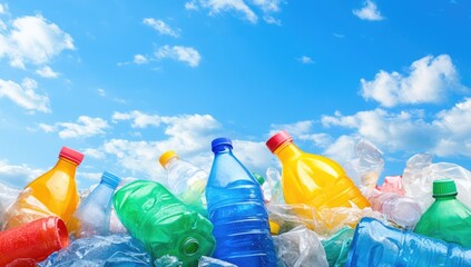 Wall Mural - lots of plastic bottles on the bank of a river or sea with blue skies. concept of protecting the env