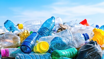 Wall Mural - lots of plastic bottles on the bank of a river or sea with blue skies. concept of protecting the env