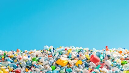 Wall Mural - lots of plastic bottles on the bank of a river or sea with blue skies. concept of protecting the env