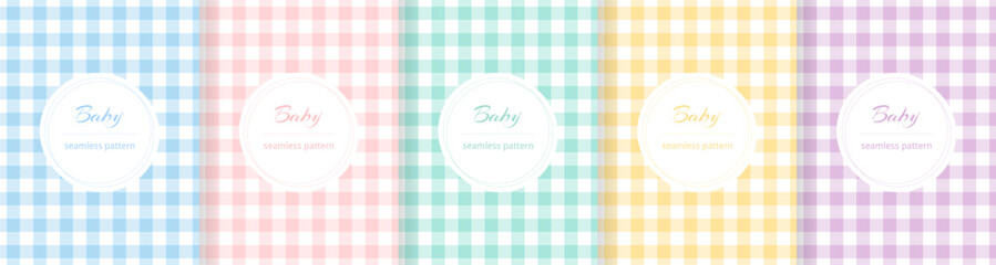 Poster - Cute check baby seamless pattern. Repeating kid background. Girls and boys design for prints. Repeated simple texture. Repeat child cartoon. Set blue, pink, yellow, green color. Vector illustration