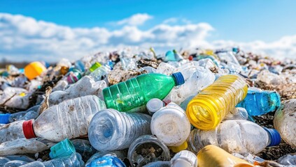 Wall Mural - lots of plastic bottles on the bank of a river or sea with blue skies. concept of protecting the env