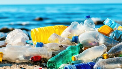 Wall Mural - lots of plastic bottles on the bank of a river or sea with blue skies. concept of protecting the env