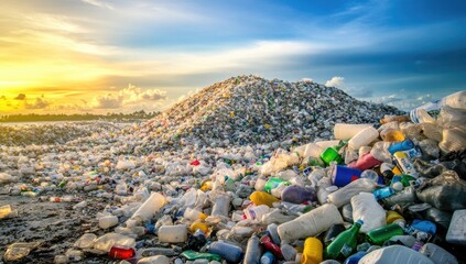 Wall Mural - lots of plastic bottles on the bank of a river or sea with blue skies. concept of protecting the env