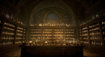 Alchemist workshop. A strange and creepy room with cabinets of curiosities filled with lots of bottles and glass jars. CG Artwork Background. AI generated digital illustration