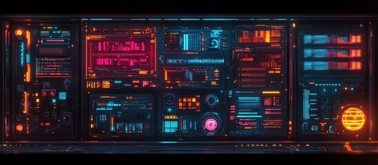 Futuristic control panel with glowing digital displays and buttons, futuristic technology concept.